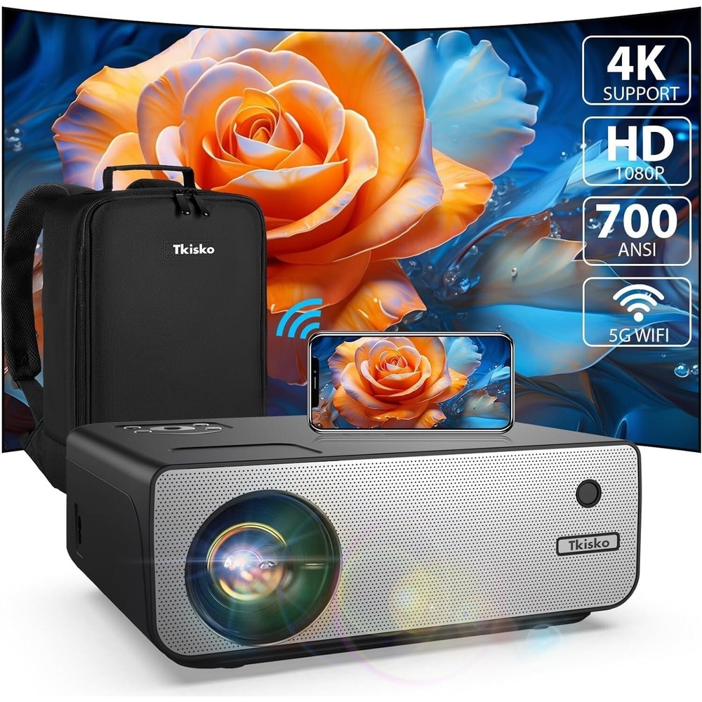 4K-Projector with WiFi and Bluetooth, Tkisko 700 ANSI FHD 1080P Projector 4K